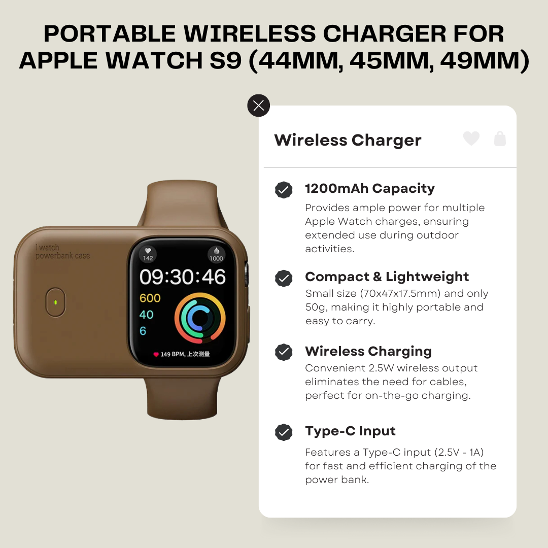 Portable Wireless Charger for Apple Watch S9 (44mm, 45mm, 49mm) - Outdoor Sports Wearable Charging Bank