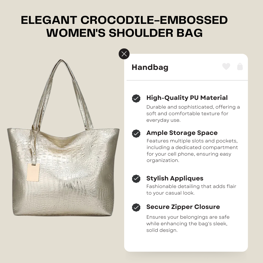 Elegant Crocodile-Embossed Women's Shoulder Bag: Silver, Gold, Black - Stylish PU Leather Tote