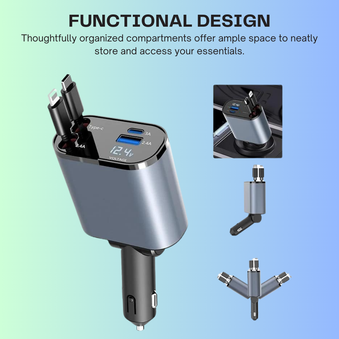 Compact 120W 4-in-1 Car Charger: Retractable USB C Cable for Fast Charging iPhone, Huawei, Samsung, with Cigarette Lighter Adapter and PD QC3.0