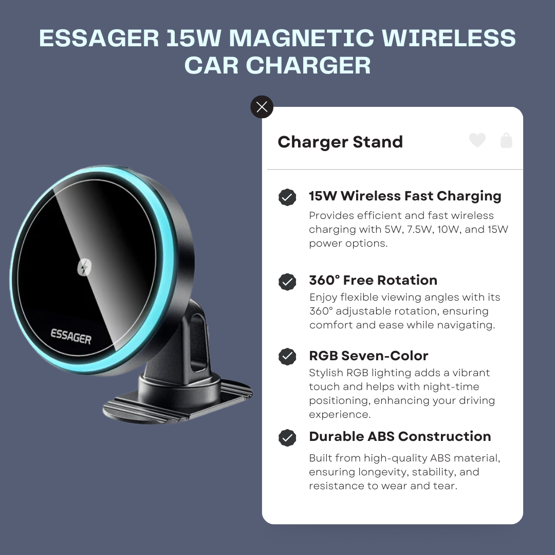 Essager 15W Magnetic Wireless Car Charger & Adjustable 360° Phone Holder for iPhone 15/14/13/12 Pro, Huawei, and Samsung Devices