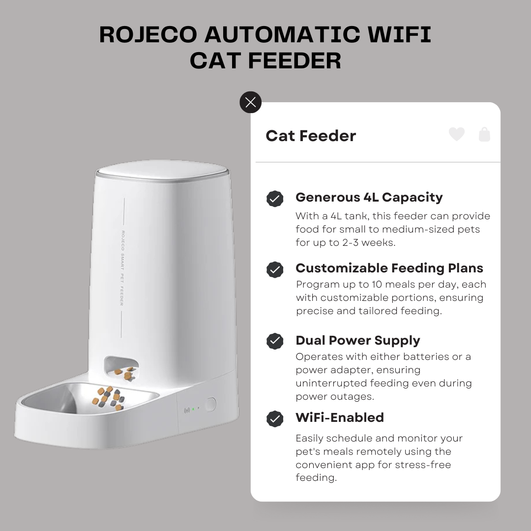 ROJECO Automatic WiFi Cat Feeder: Smart Food Kibble Dispenser with Remote Control for Cats and Dogs, Ideal for Dry Food Accessories