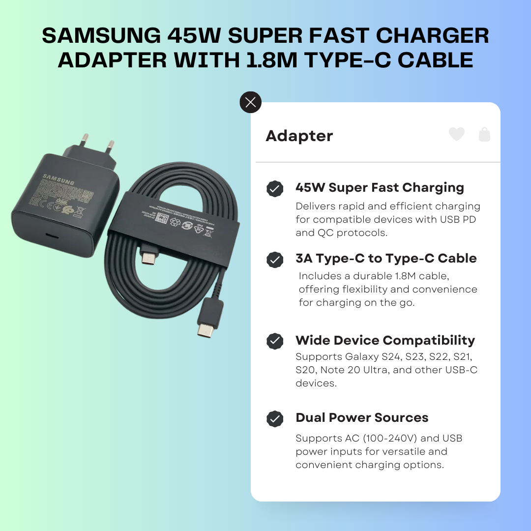 Samsung 45W Super Fast Charger Adapter with 1.8M Type-C Cable for Galaxy S24/S23/S22 and More