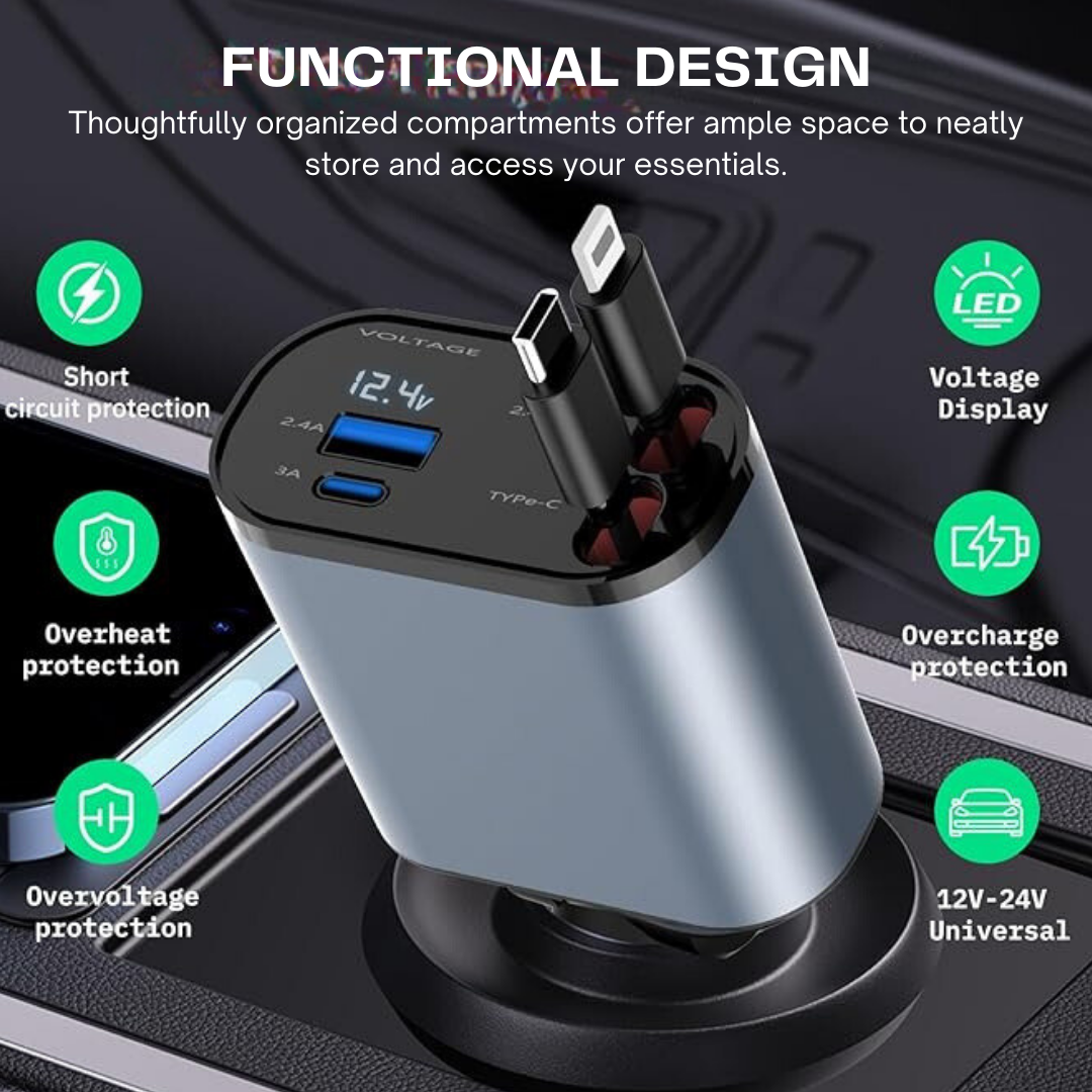 Compact 120W 4-in-1 Car Charger: Retractable USB C Cable for Fast Charging iPhone, Huawei, Samsung, with Cigarette Lighter Adapter and PD QC3.0