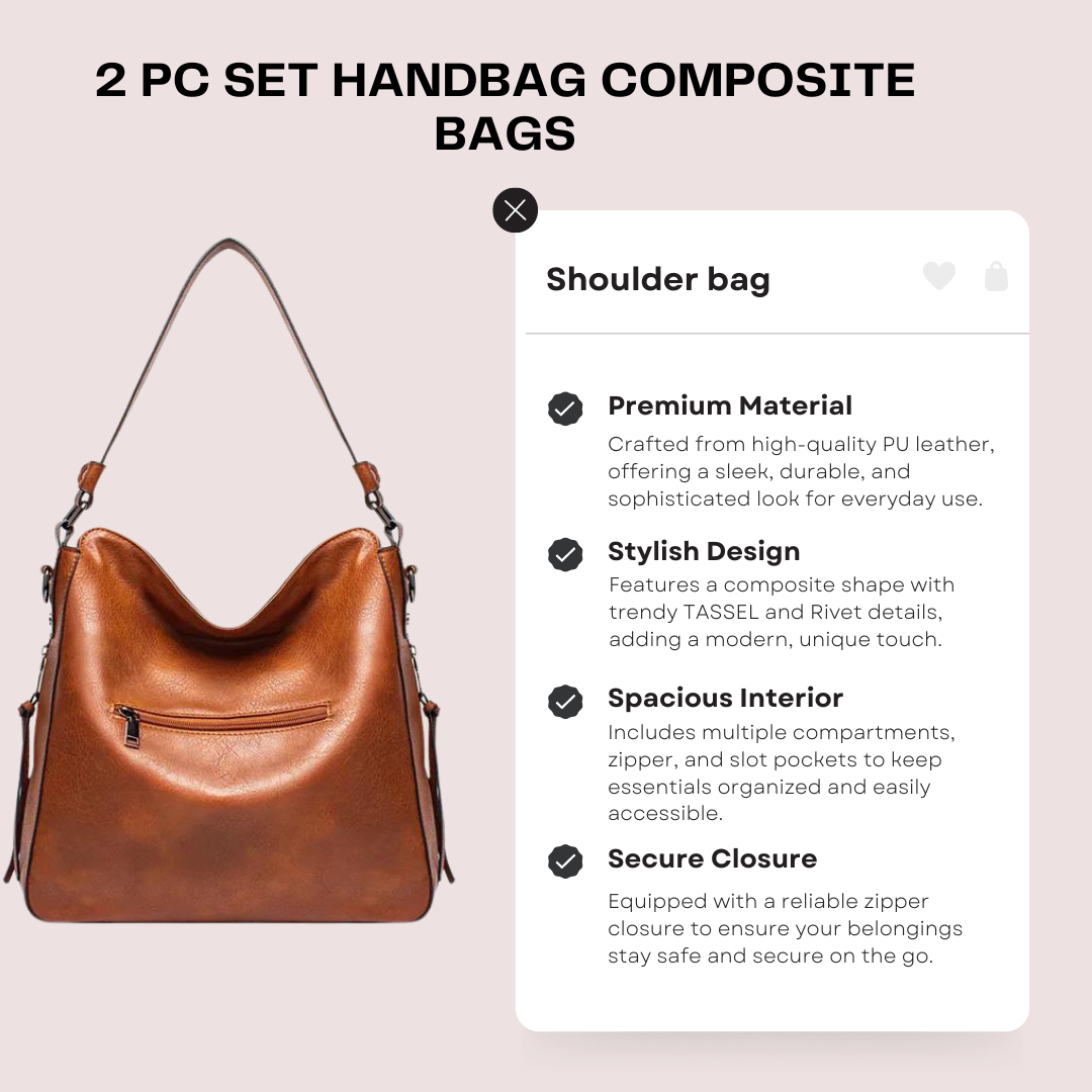 2 Pc set Handbag Composite Bags Solid Leather Shoulder Bag Large Tote Messenger