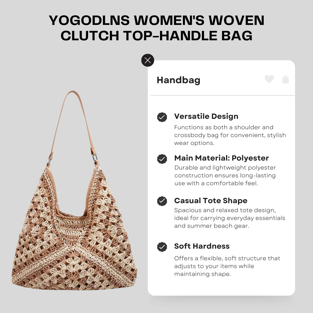 Yogodlns Women's Woven Clutch Top-Handle Bag – Large, Portable Shoulder Tote for Summer Beach & Shopping