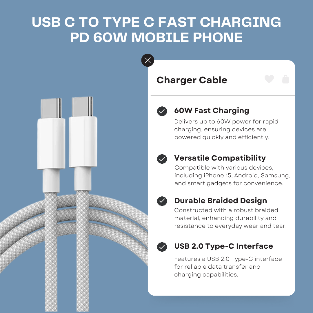 Usb C to Type C Fast Charging PD 60W Mobile Phone Date Cable For Iphone15 Android Samsung Huawei Type C Braided Charger Cable