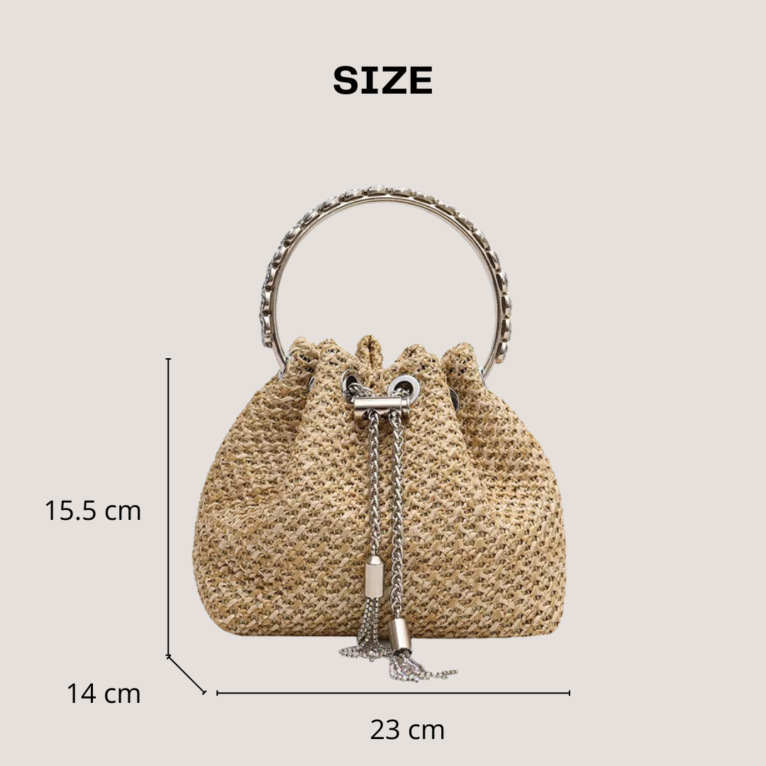 Luxury Designer Women's Straw Beach Bag with Rhinestones - Brown Crossbody & Clutch