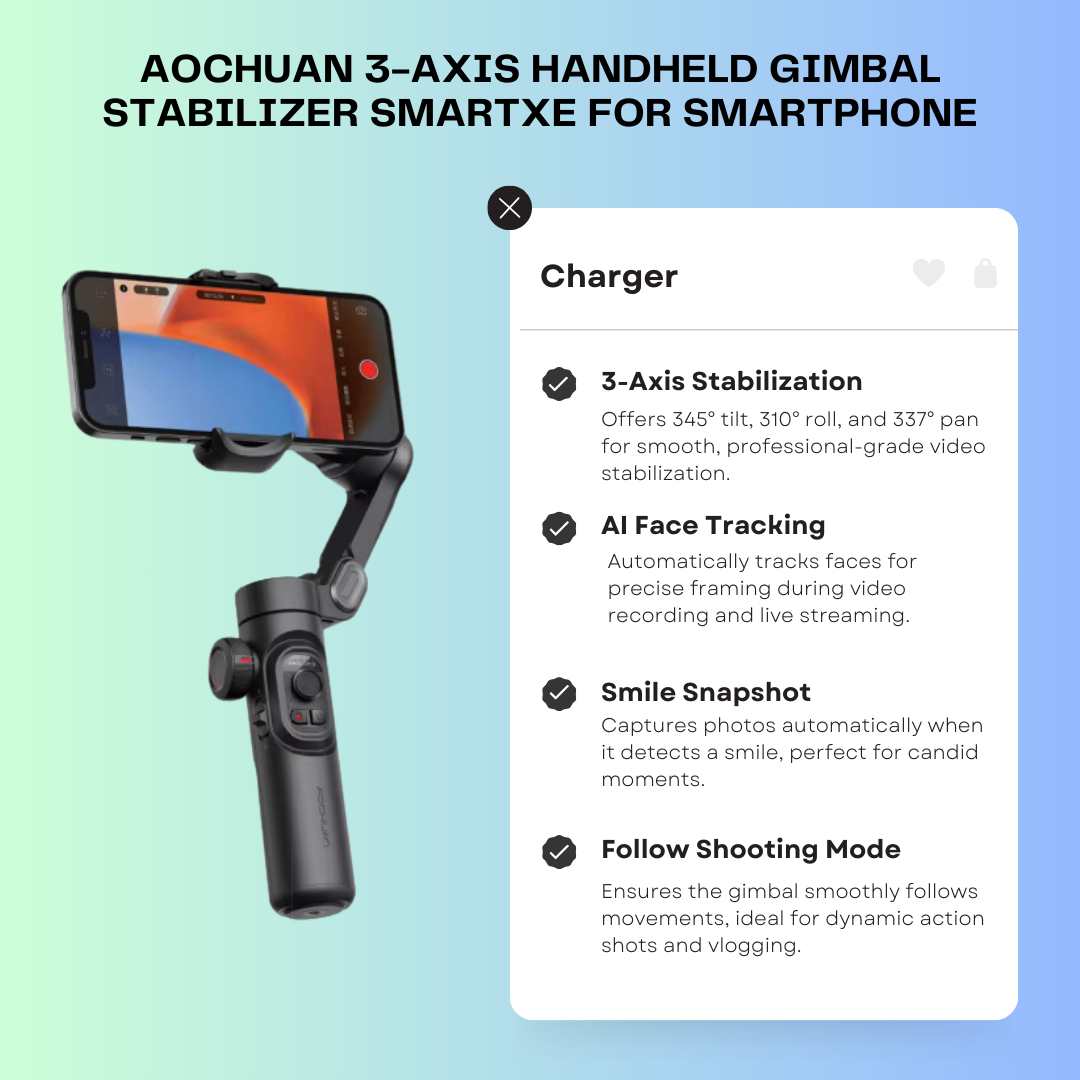 AOCHUAN 3-Axis Handheld Gimbal Stabilizer SmartXE for Smartphone for iPhone Android AI Face Tracking TikTok Vlog