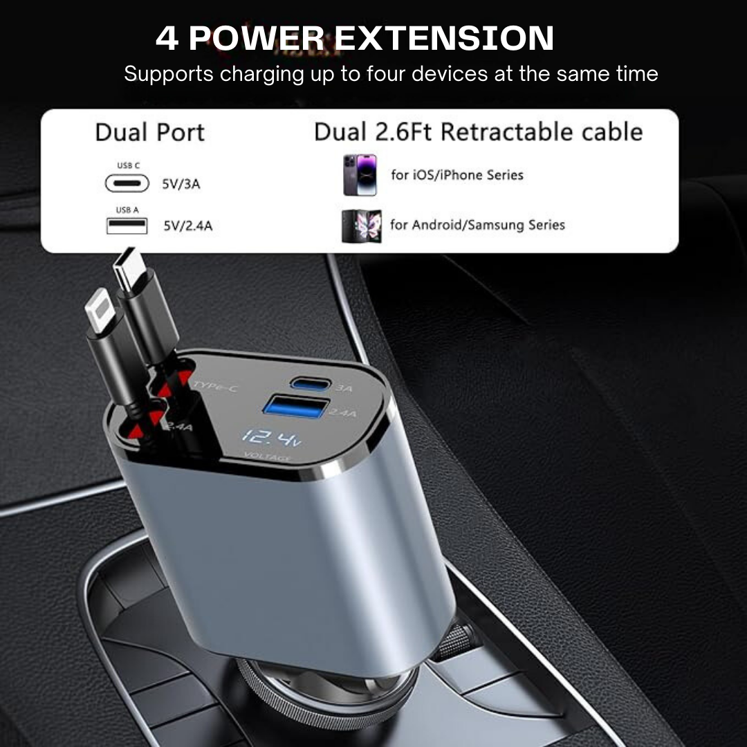 Compact 120W 4-in-1 Car Charger: Retractable USB C Cable for Fast Charging iPhone, Huawei, Samsung, with Cigarette Lighter Adapter and PD QC3.0