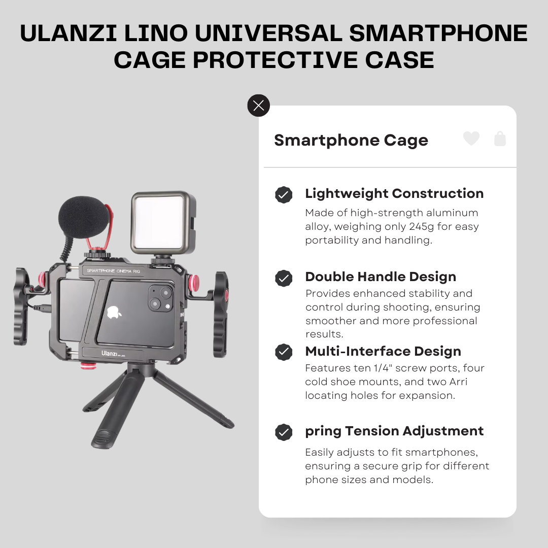 Ulanzi Lino Universal Smartphone Cage Protective Case with Side Handle Rig for iPhone 16, 15, 14, 13, 12 Pro Max, Samsung, Xiaomi, and OPPO