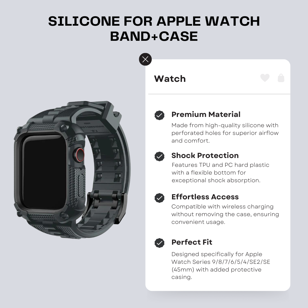 Rugged Silicone Band with Case for Apple Watch Ultra 2, Series 9, 8, 7 (40/41/44/45/49mm) - Includes Screen Protector