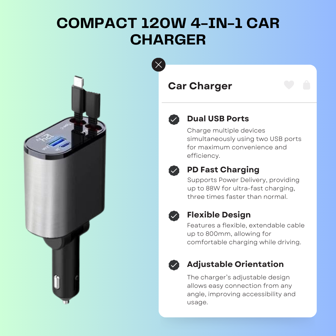 Compact 120W 4-in-1 Car Charger: Retractable USB C Cable for Fast Charging iPhone, Huawei, Samsung, with Cigarette Lighter Adapter and PD QC3.0