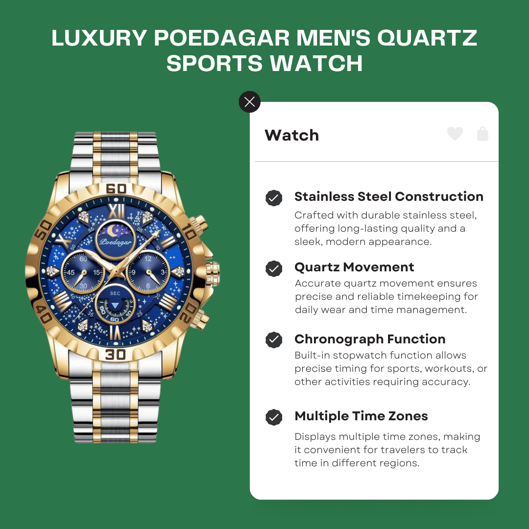 Original Luxury POEDAGAR Men's Quartz Sports Watch