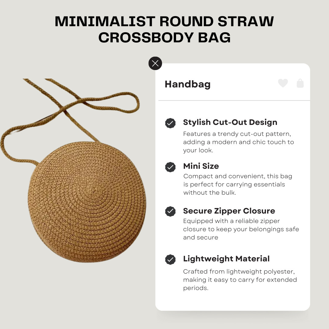 Minimalist Round Straw Crossbody Bag – Women's Shoulder Handbag for Casual and Vacation Style