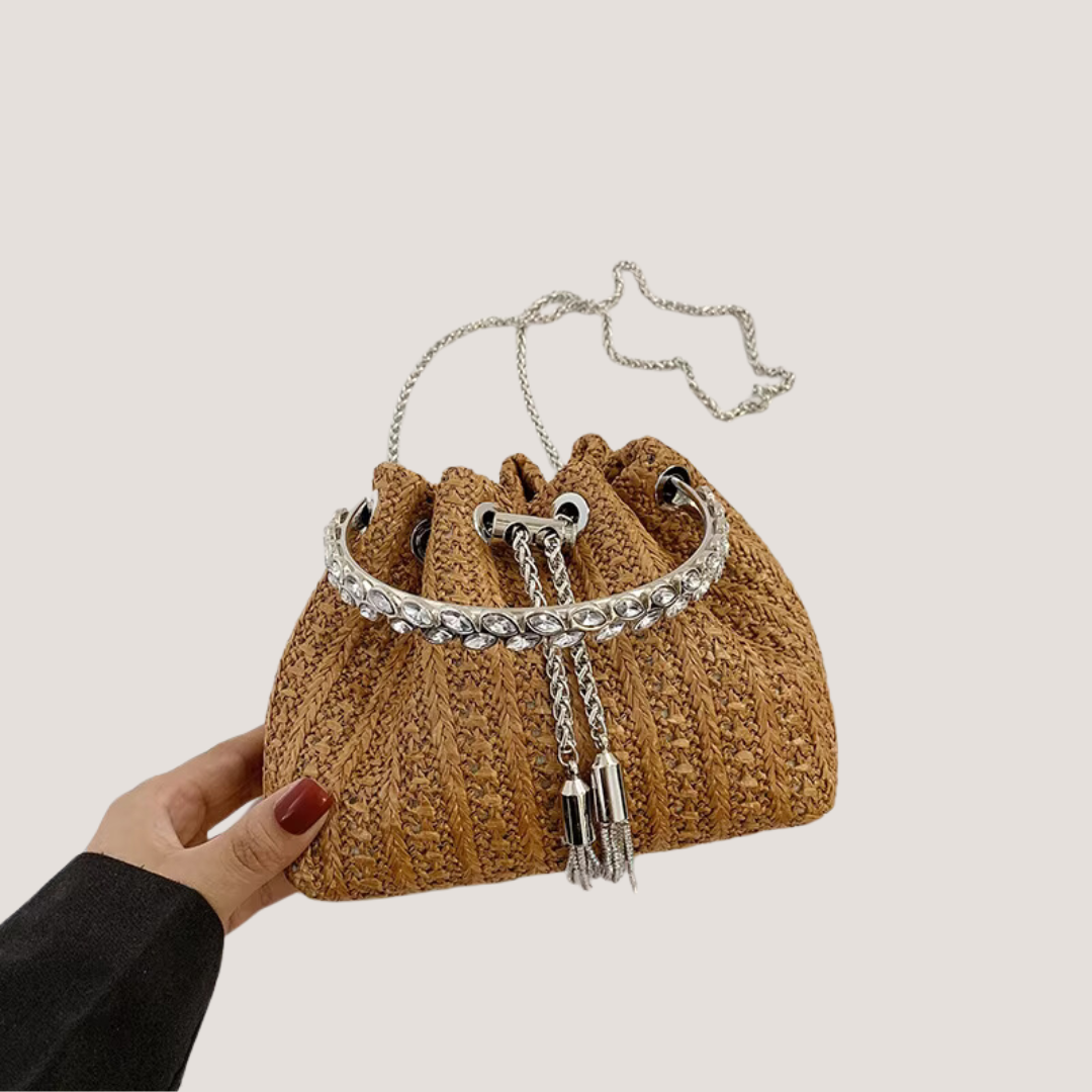 Luxury Designer Women's Straw Beach Bag with Rhinestones - Brown Crossbody & Clutch