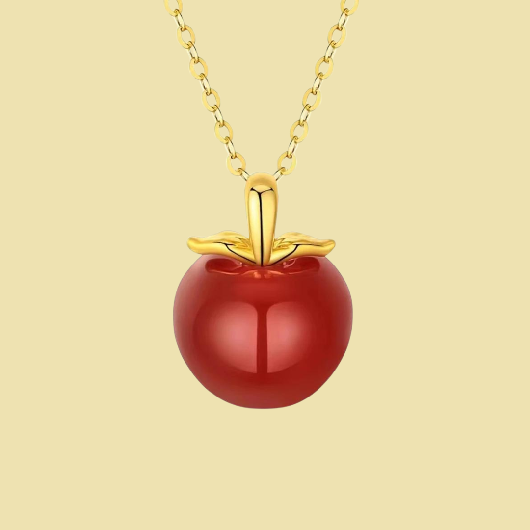 18K Gold Natural Red Agate Apple Necklace Pendant