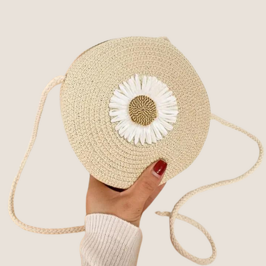 Vintage Floral Circle Straw Bag – Women's Mini Crossbody Purse with Flower Graphic, Perfect for Beach