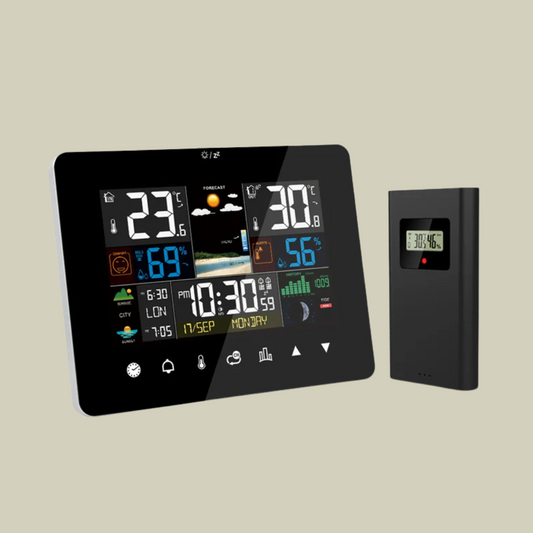 Multi-Function Weather Station Alarm Clock: Sunrise and Sunset Features, Thermometer, Hygrometer, Touch Screen, and Wireless Sensor