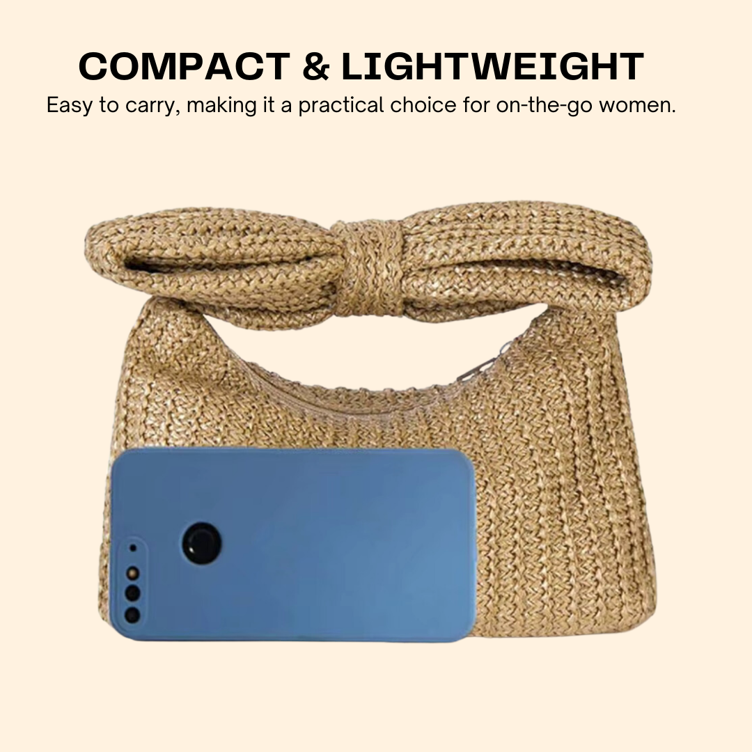 Straw Woven Summer Clutch Bag for Women – Bow Accent, Luxury Design Evening Handbag for Parties, Banquets, and Beach Vacations