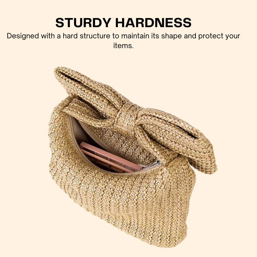 Straw Woven Summer Clutch Bag for Women – Bow Accent, Luxury Design Evening Handbag for Parties, Banquets, and Beach Vacations