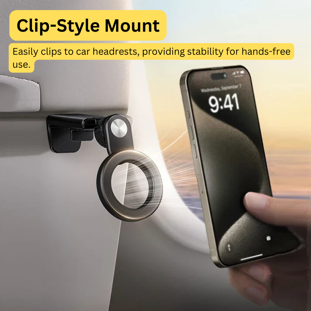 360° Rotating Magnetic Phone Clip Holder - Adjustable Car Headrest Mount for Magsafe iPhone 15/14/13