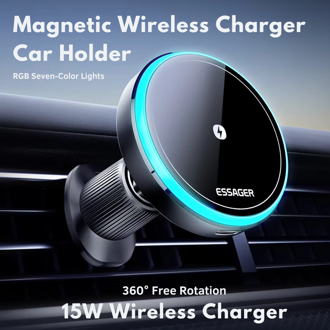 Essager 15W Magnetic Wireless Car Charger & Adjustable 360° Phone Holder for iPhone 15/14/13/12 Pro, Huawei, and Samsung Devices