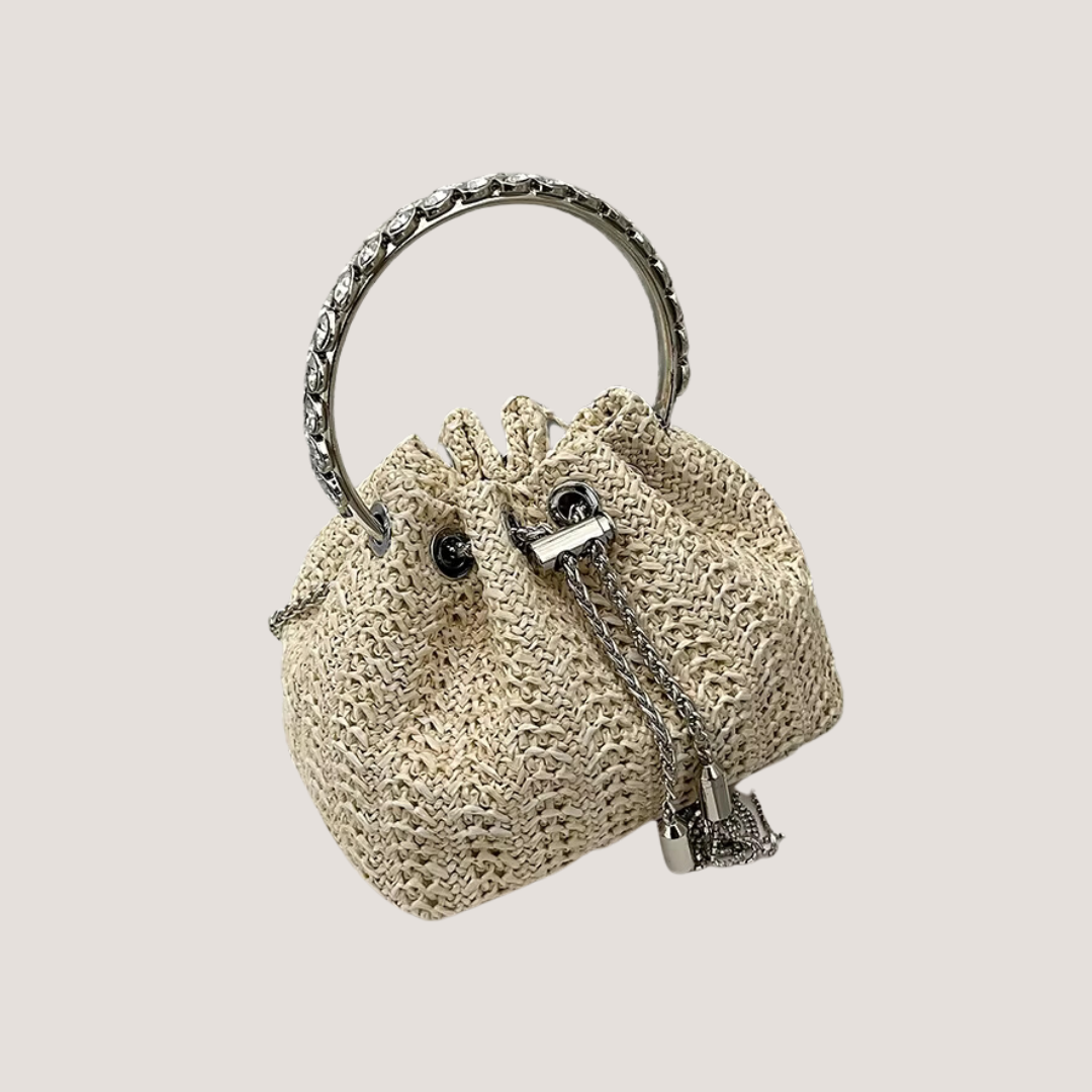 Luxury Designer Women's Straw Beach Bag with Rhinestones - Brown Crossbody & Clutch