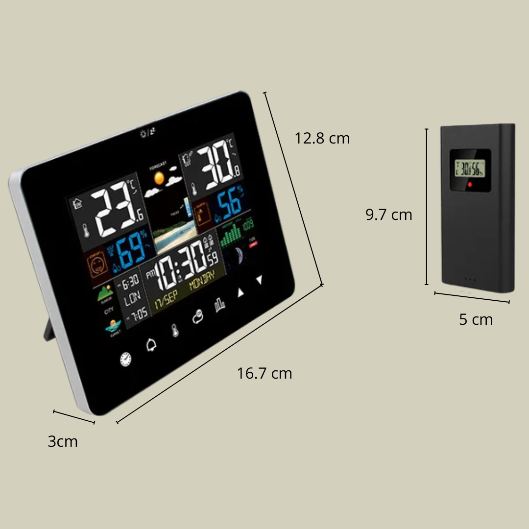 Multi-Function Weather Station Alarm Clock: Sunrise and Sunset Features, Thermometer, Hygrometer, Touch Screen, and Wireless Sensor