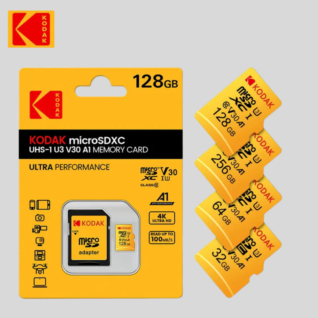 Kodak Genuine Micro SD Card - 32GB, 64GB, 128GB, 256GB, Class 10, with SD Adapter for Phones, Tablets, Cameras, and GoPro