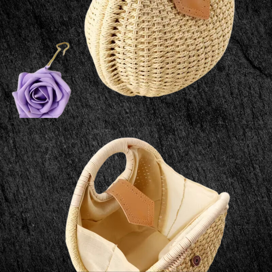 Round Woven Summer Straw Beach Tote - Women's Handbag