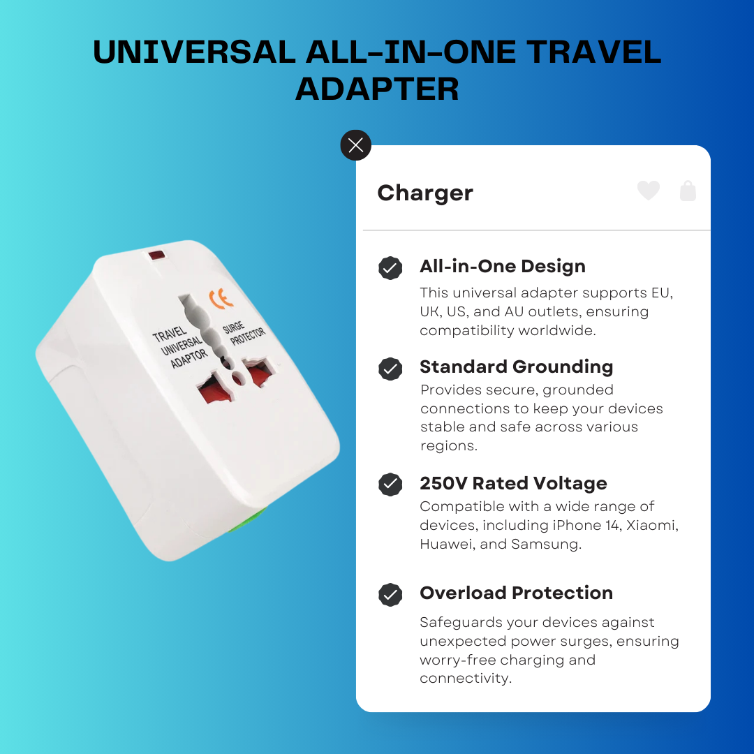 Universal All-in-One Travel Adapter | International AC Power Converter Plug for EU, UK, US, AU Sockets