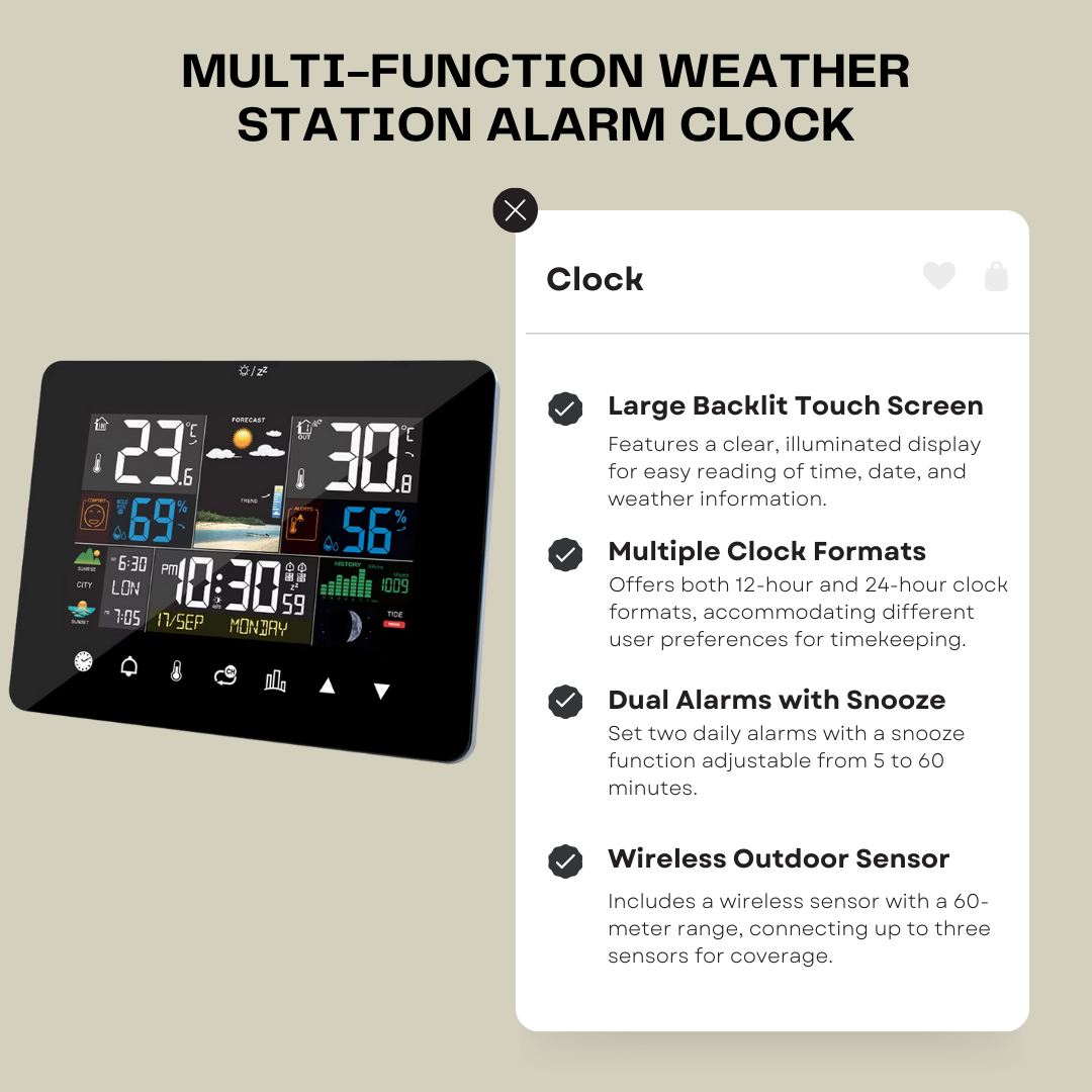 Multi-Function Weather Station Alarm Clock: Sunrise and Sunset Features, Thermometer, Hygrometer, Touch Screen, and Wireless Sensor