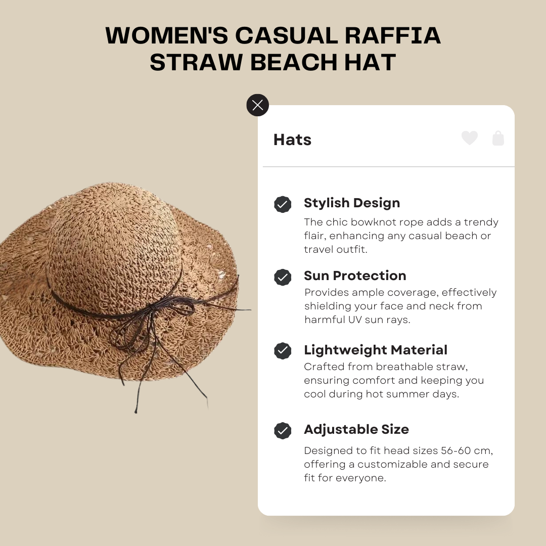 Women's Casual Raffia Straw Beach Hat – Sun Protection Travel Hat with Bowknot Rope Decoration