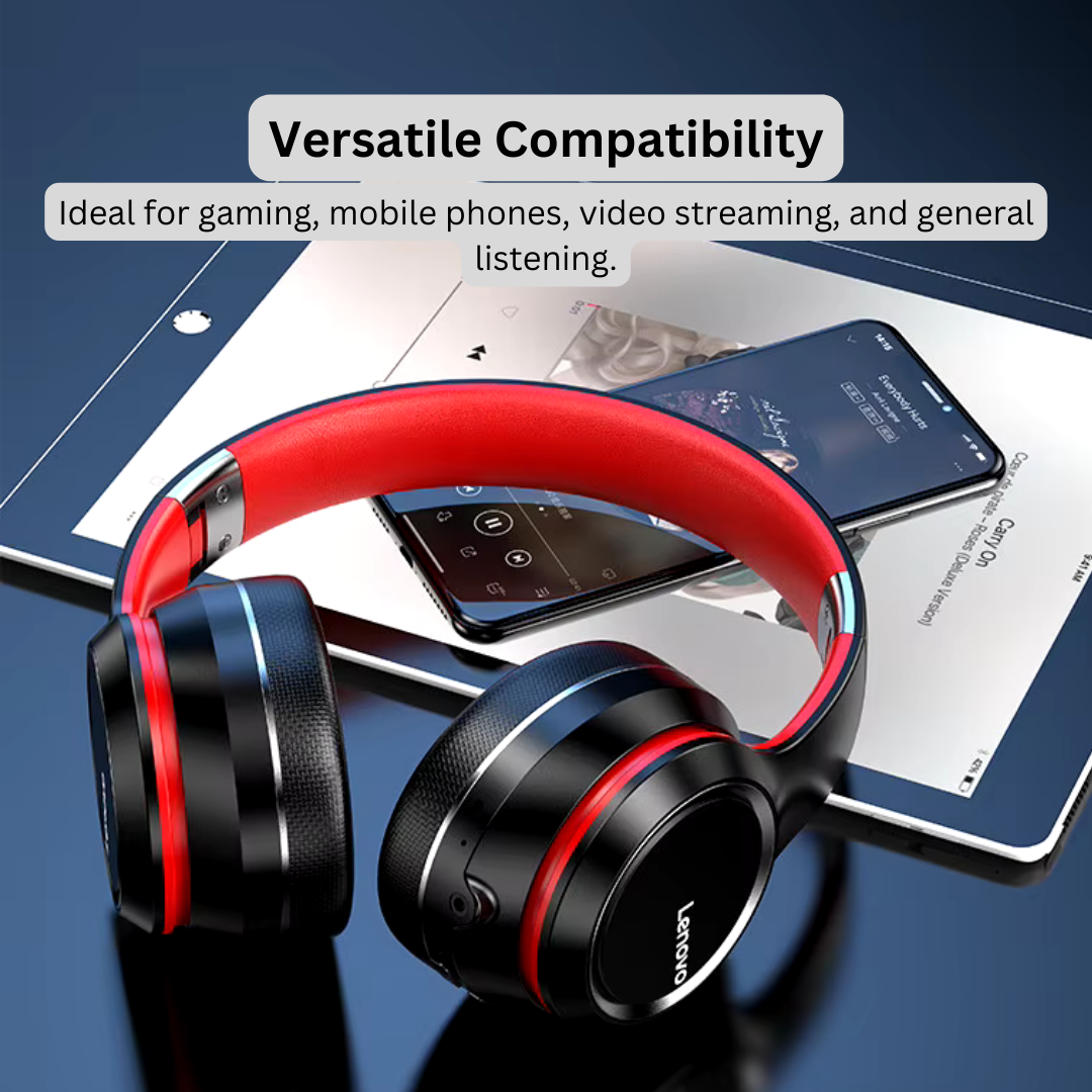 Lenovo HD200 Over-Ear Bluetooth Headphones – Foldable Wireless Noise-Canceling HIFI Stereo Gaming Headset for Computers