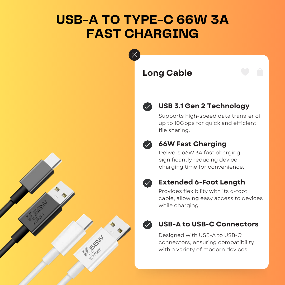 USB-A to Type-C 66W 3A Fast Charging Long Cable for Android, iPad, External SSD, and Other USB-to-Type-C Devices