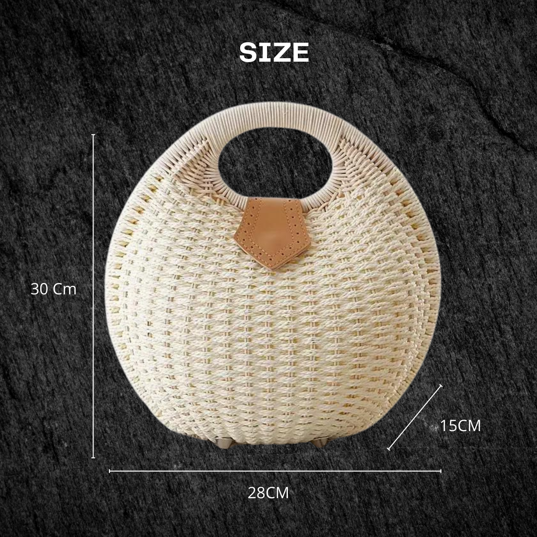 Round Woven Summer Straw Beach Tote - Women's Handbag