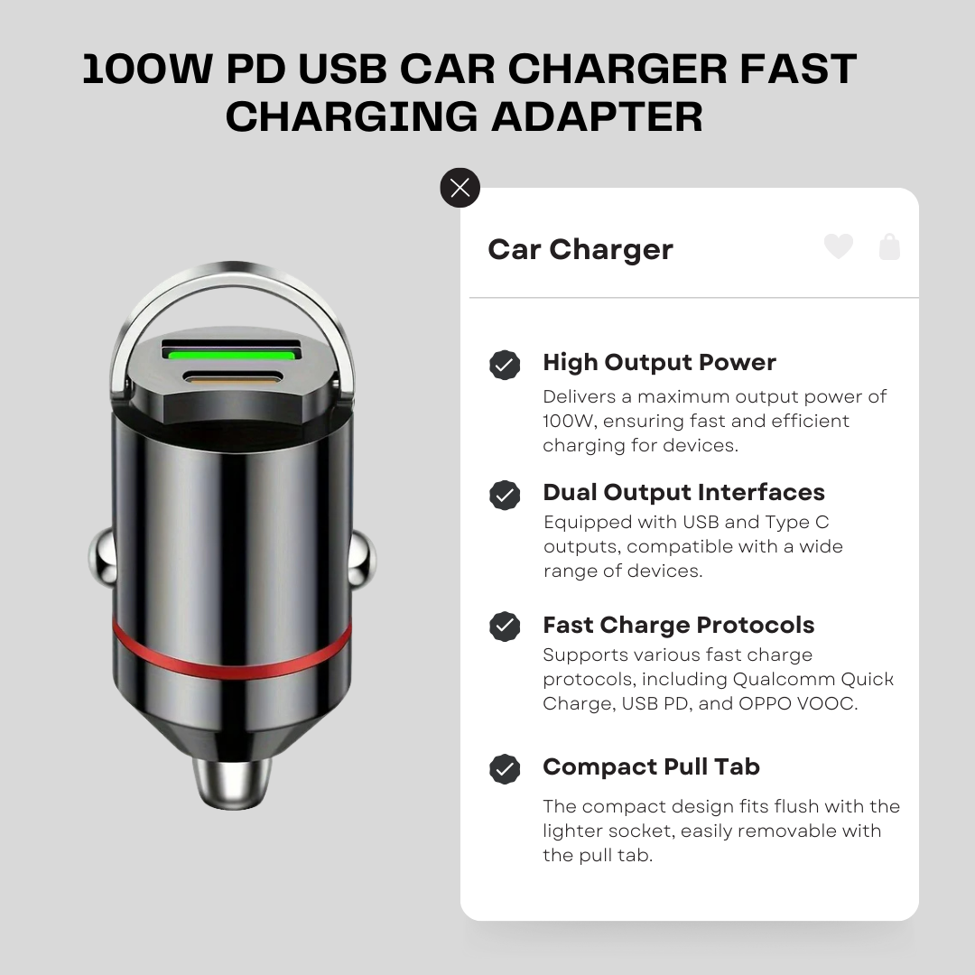 100W PD USB Car Charger – Fast Charging Adapter for iPhone, Xiaomi, Samsung, Huawei with QC3.0 and Type-C Compatibility