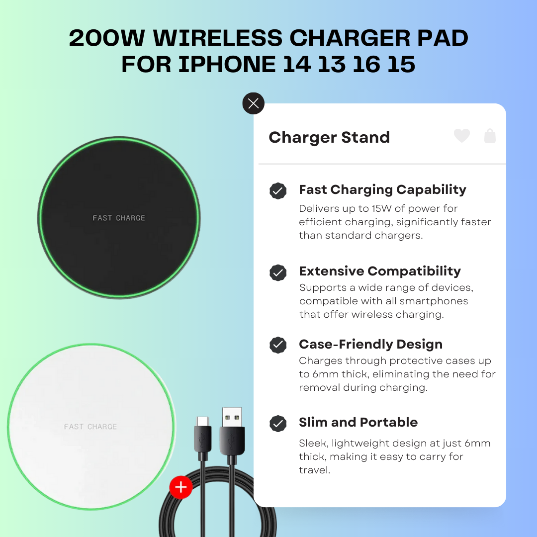 200W Wireless Charger Pad For iPhone 14 13 16 15 11Pro XS Max Induction Fast Wireless Charging Station For Samsung Xiaomi Huawei