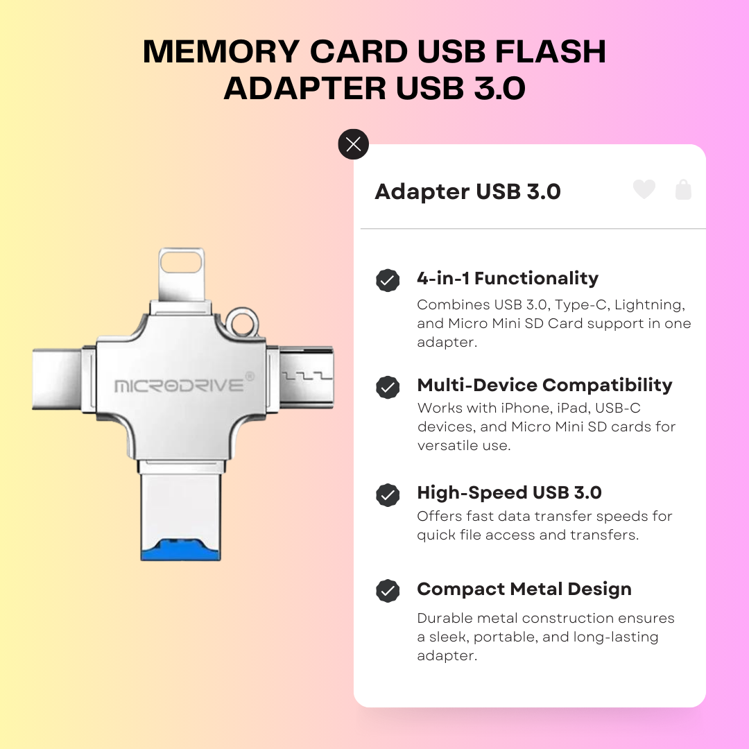 Memory Card USB Flash Adapter USB 3.0 / Type C / Lightning / Micro Mini SD Card / 4 in 1 Sd adapter USB Flash Reader