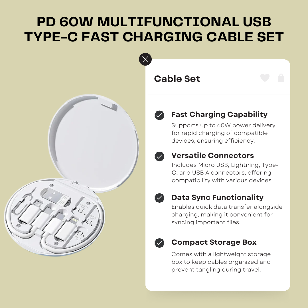 PD 60W Multifunctional USB Type-C Fast Charging Cable Set for iPhone/Xiaomi – Charger, Adapter & Travel Storage Box