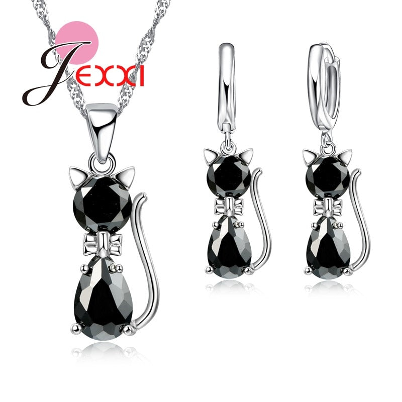 Silver Cute Cat Crystal Necklace Earrings Jewelry Sets For Women Girls Party Best Friend Gift Fashion Jewelry