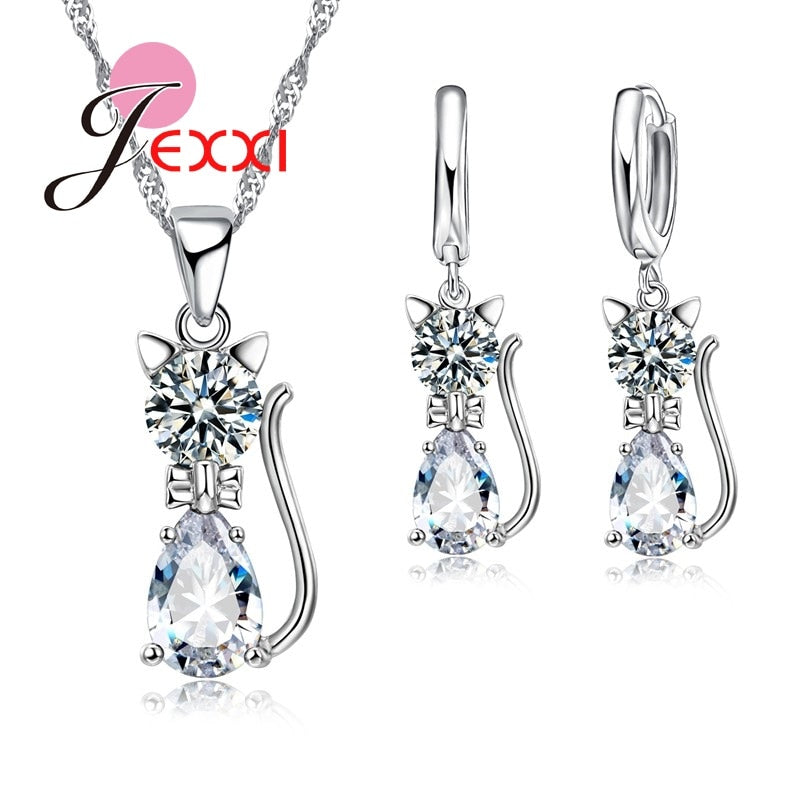 Silver Cute Cat Crystal Necklace Earrings Jewelry Sets For Women Girls Party Best Friend Gift Fashion Jewelry