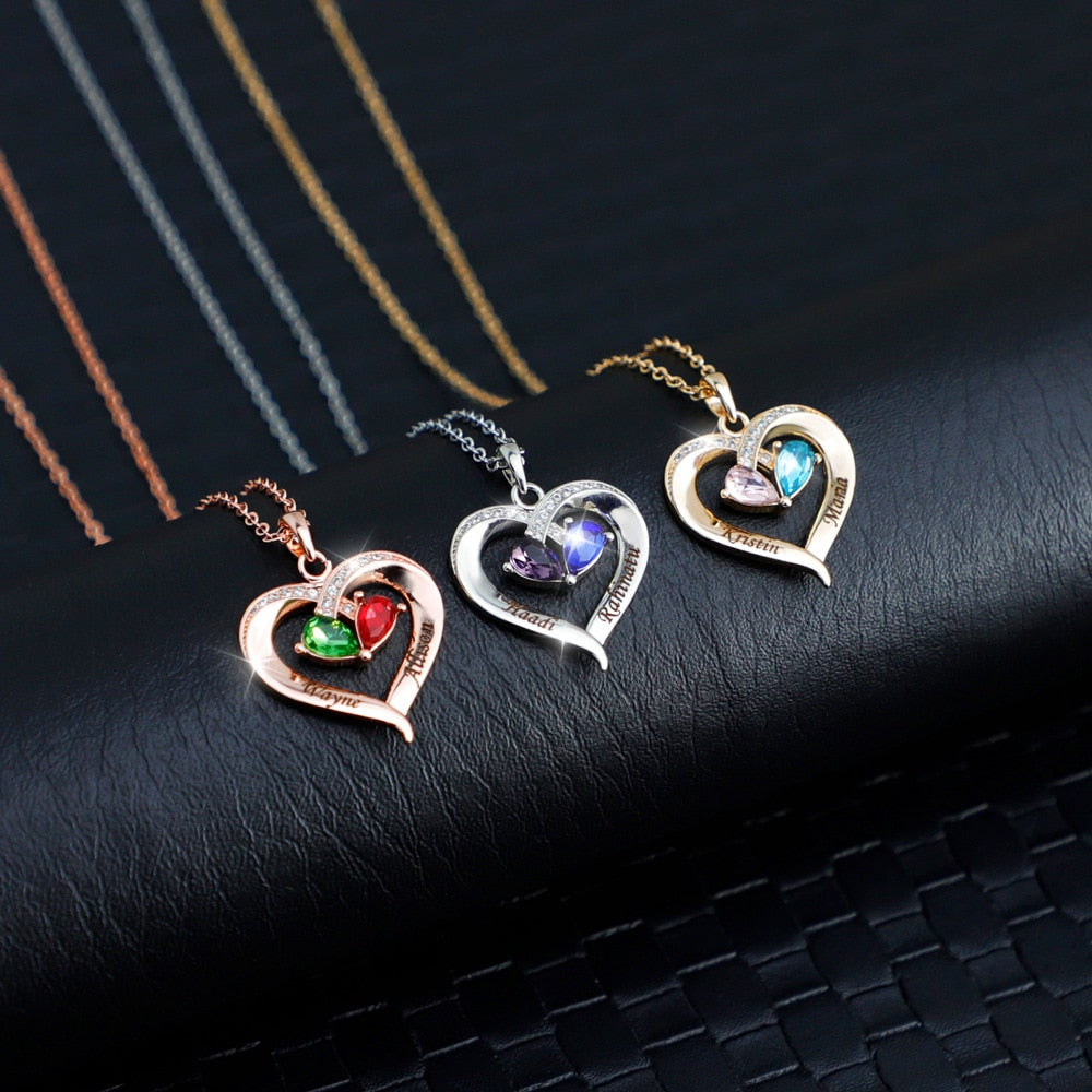 Custom Engraved Heart Pendant Necklace: Personalized Name Necklace with 2 Birthstones in Gold, Rose Gold, or Silver - Meaningful Gift