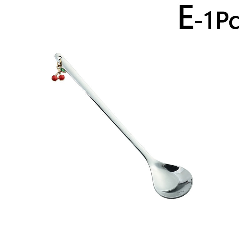 Stainless Steel Spoons Stirring Spoon with Fruit Pendant Coffee Mixing Spoon Dessert Spoon Table Decor Party Gift Kitchen Tool