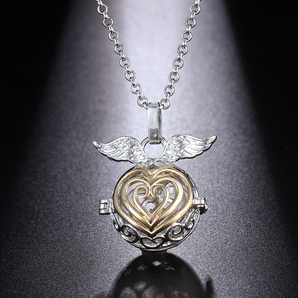 Exquisite Zircon Necklace with Angel Wings Aromatherapy Cage Pendant - Full Surround, High Quality, 16MM Music Ball, Perfume Lockets Jewelry for Women