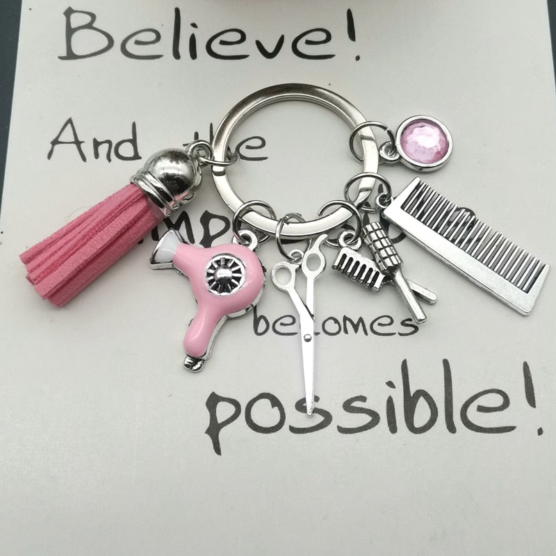 Hairstyle Gift Keychain with Mini Hairdressing Scissors, Hair Dryer, and Comb