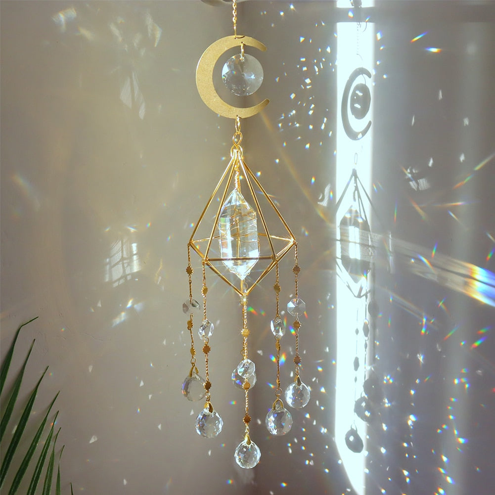 Metal Crystal Wind Chimes - Natural Stone Hexagon Prisms for Radiant Sun Catchers