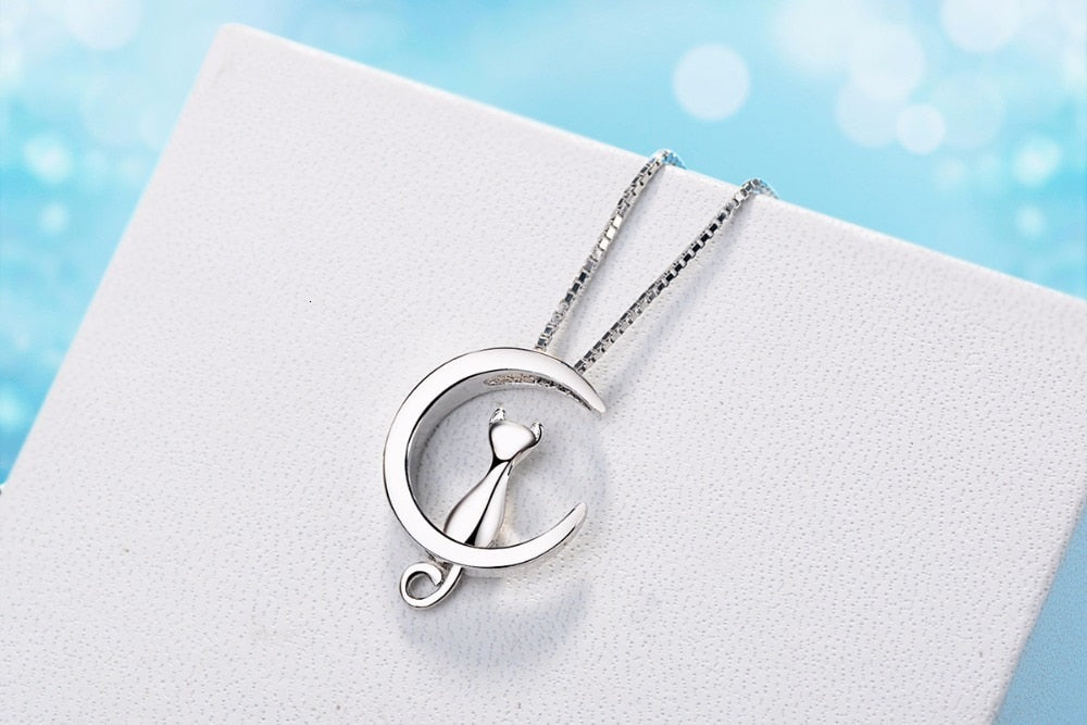 Silver Necklace For Women Moon Kitten Cat Necklaces &amp; Pendants Link Chain Kolye S-n187