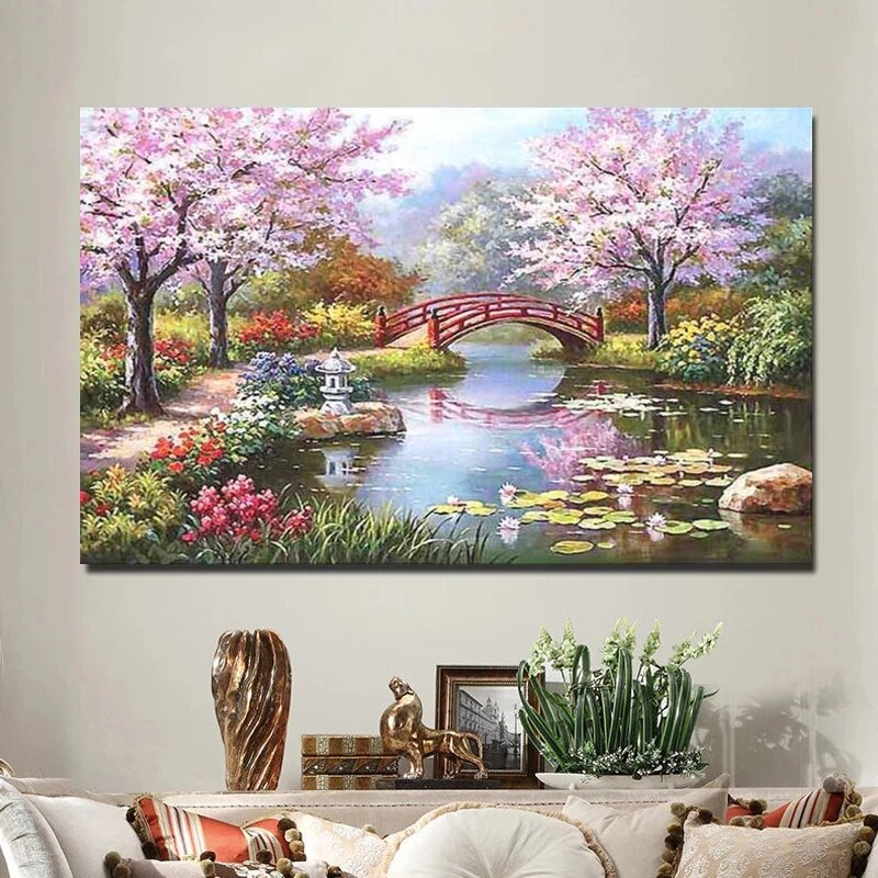 Cherry Blossom Landscape Canvas Print - Living Room Wall Art - Beautiful Artist Decoration - Frameless Home Decor