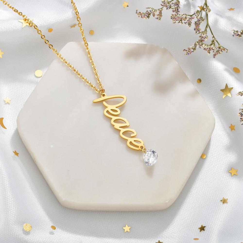 Custom Personalized Birthday Stone Necklaces Stainless Steel Name Gold Color Necklace Jewelry Chain Pendant for Women